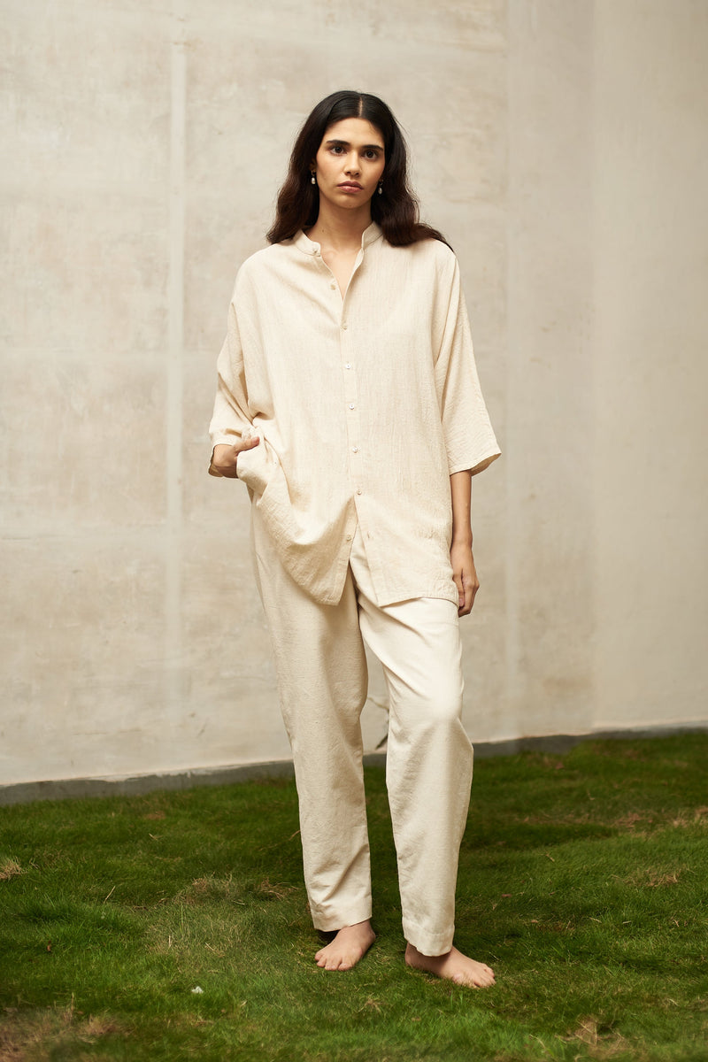 ECRU UNDYED TAPERED COTTON DRAWSTRING PANTS