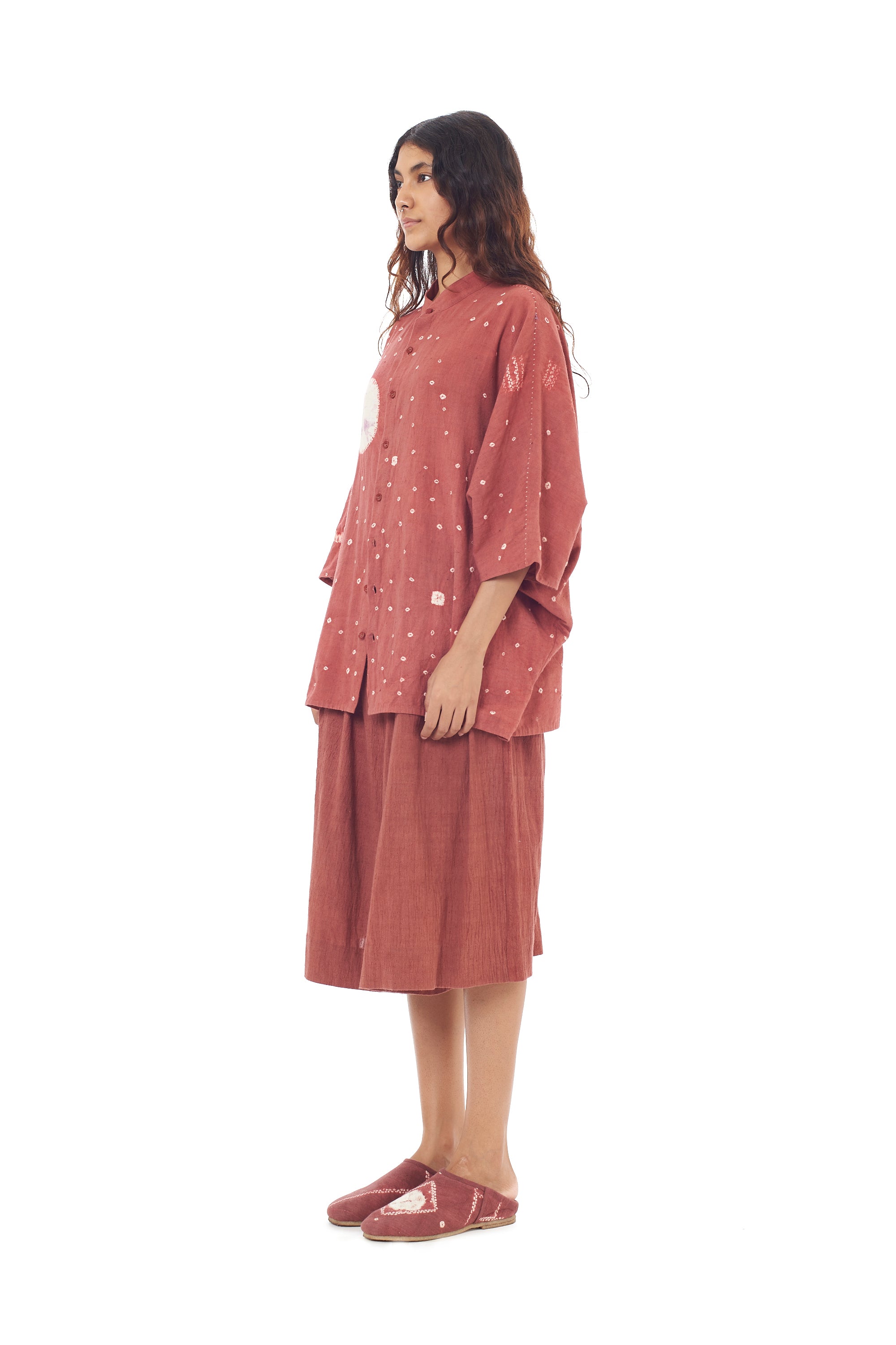 Relaxed Fit Band Collar Organic Cotton Shirt Crafted With All-Over Shibori Motifs