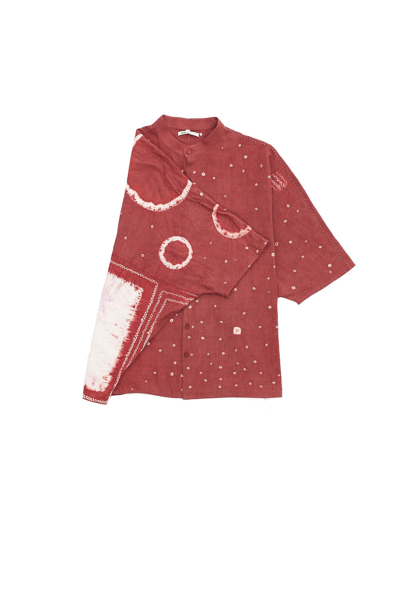 Relaxed Fit Band Collar Organic Cotton Shirt Crafted With All-Over Shibori Motifs