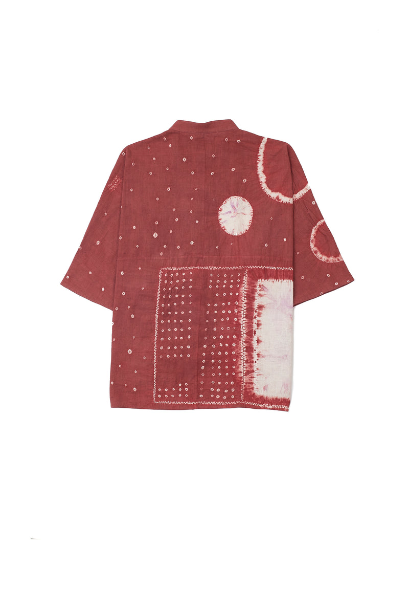RELAXED FIT BAND COLLAR ORGANIC COTTON SHIRT CRAFTED WITH ALL-OVER SHIBORI MOTIFS