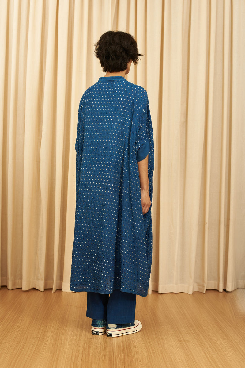INDIGO DRAPE DRESS SPECKLED WITH BANDHANI
