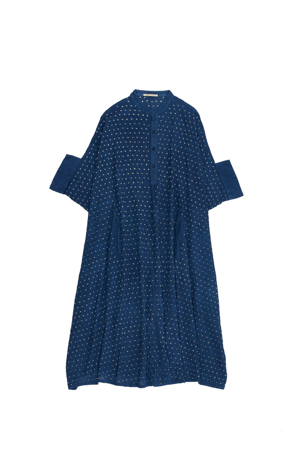 INDIGO DRAPE DRESS SPECKLED WITH BANDHANI