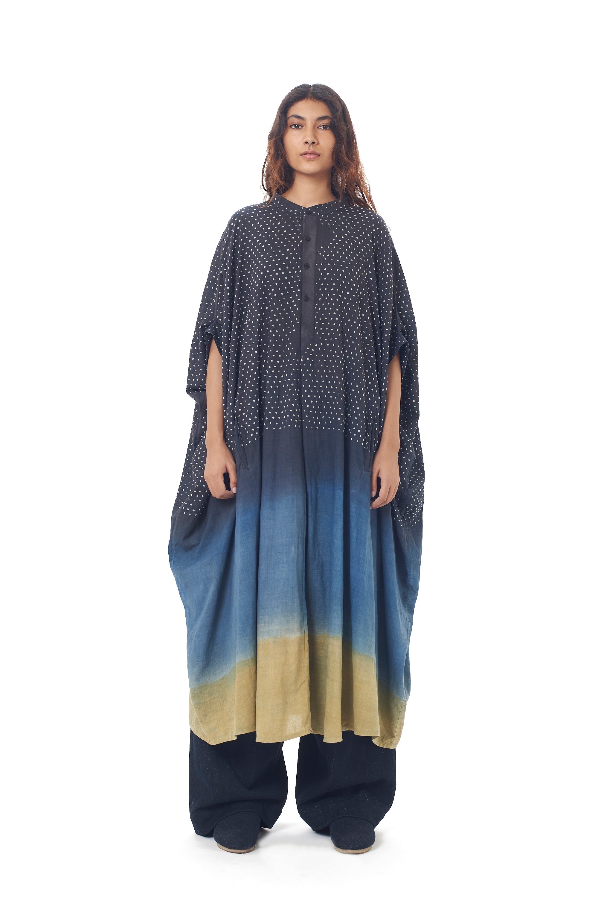 MIDNIGHT INDIGO COLOUR BLOCKED DRAPE DRESS FEATURING MINIATURE BANDHANI