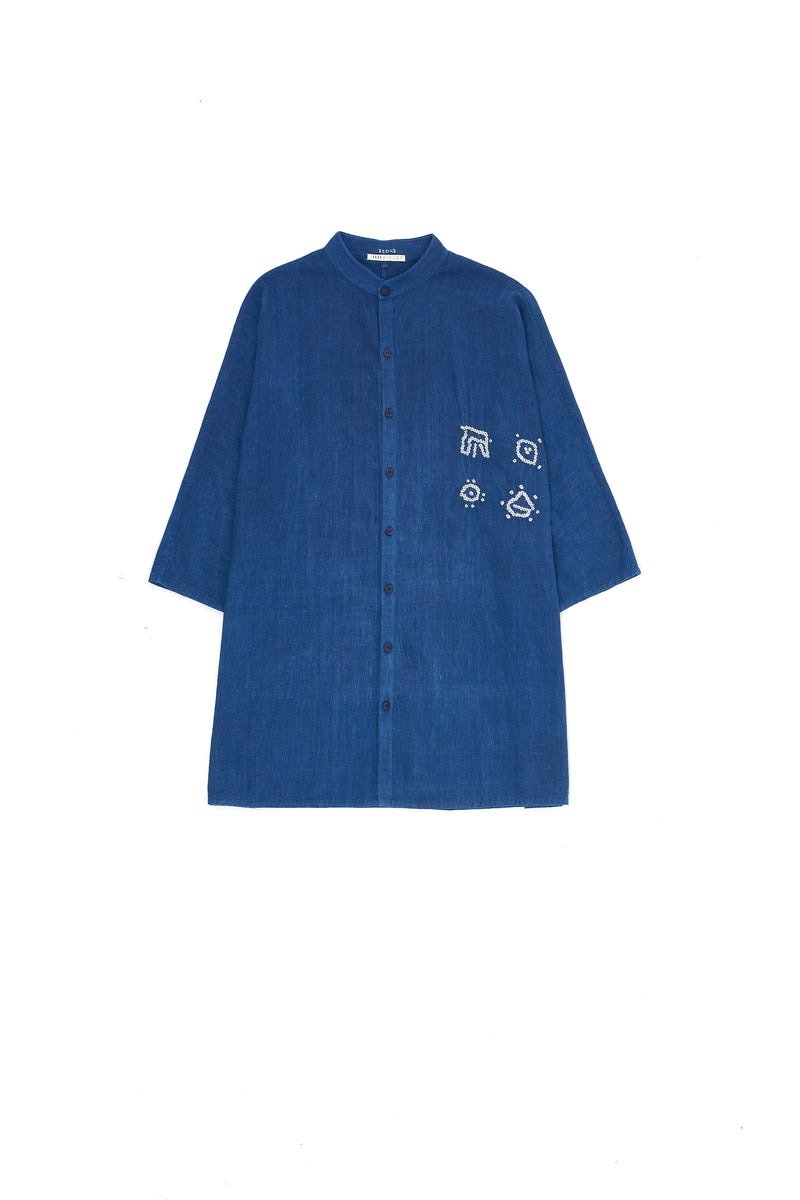 INDIGO KIMONO SLEEVED ORGANIC COTTON SHIRT CRAFTED WITH BANDHANI MOTIFS