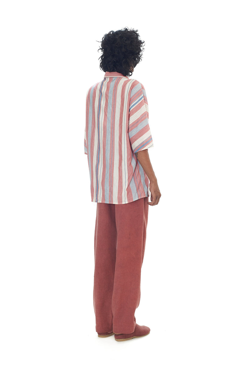 NOTCH COLLAR COTTON SILK MULTI-COLOUR STRIPED SHIRT