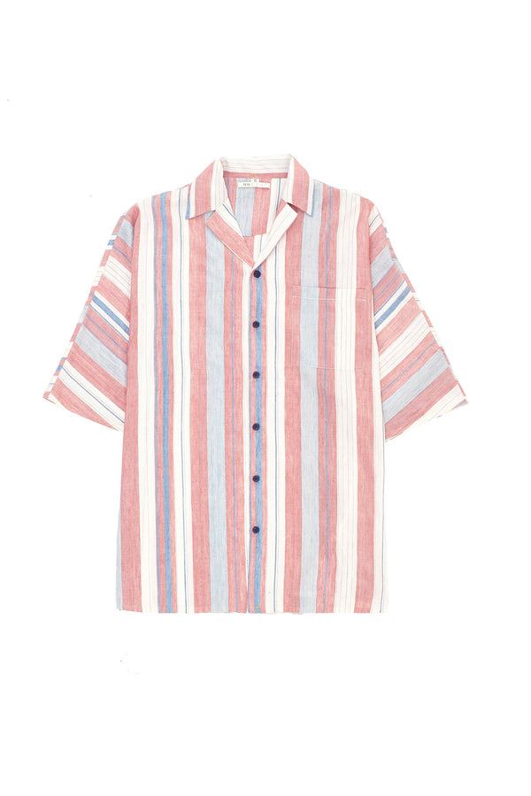 Notch Collar Cotton Silk Multi-Color Striped Shirt