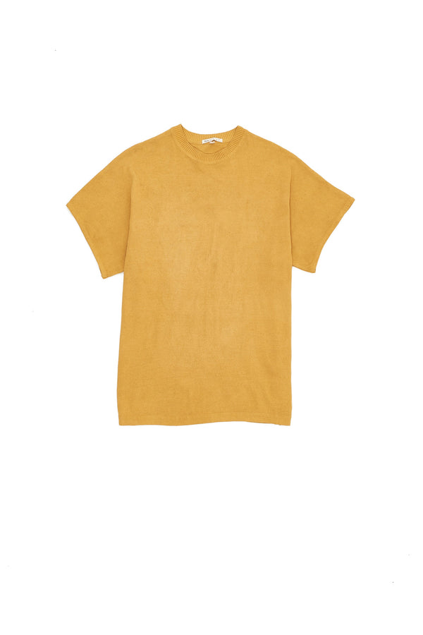 OCHRE YELLOW ORGANIC COTTON RELAXED FIT KNITTED T-SHIRT WITH HAND EMBROIDERED DETAILS