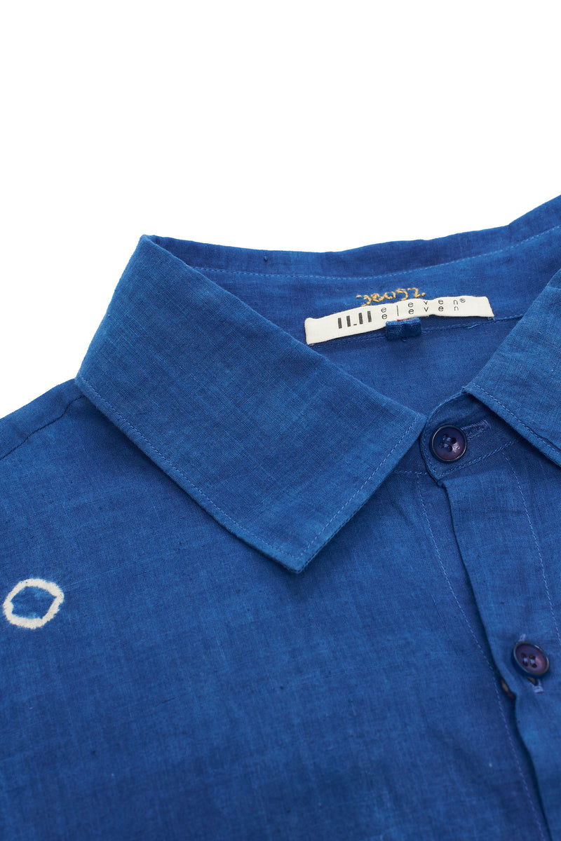 INDIGO RELAXED FIT FINE COTTON SHIRT SPECKLED WITH ALL OVER SHIBORI
