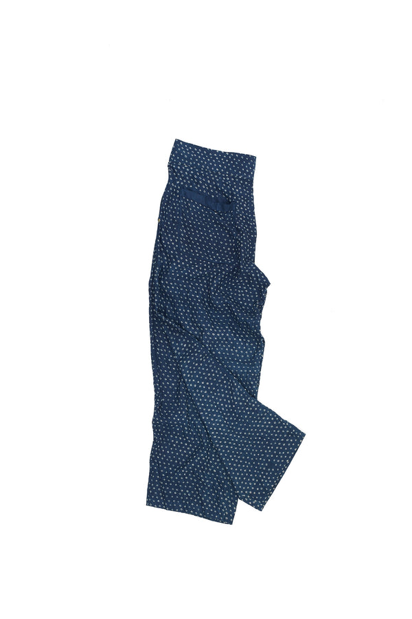 INDIGO COTTON SILK WIDE-LEG TROUSERS FEATURING ALL OVER MINATURE BANDHANI DOTS