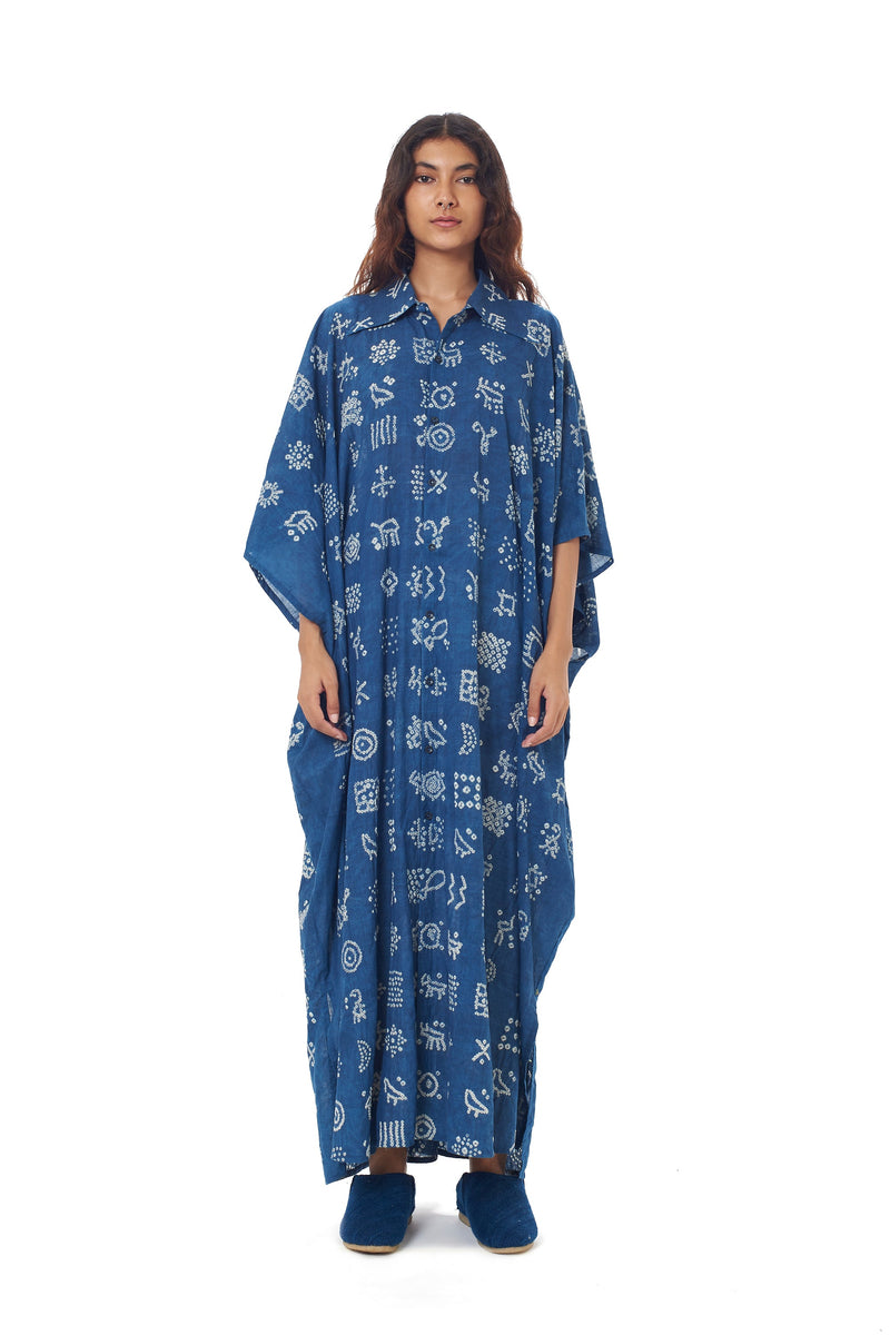 Indigo Kaftan Cotton Shirt Crafted With All-Over Bandhani Motifs