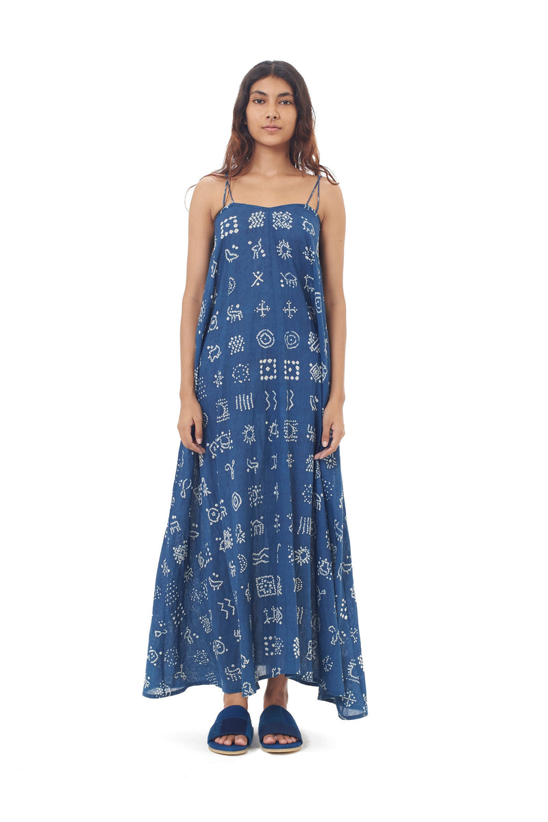 INDIGO COTTON STRAPPY DRESS CRAFTED WITH ALL-OVER BANDHANI MOTIFS