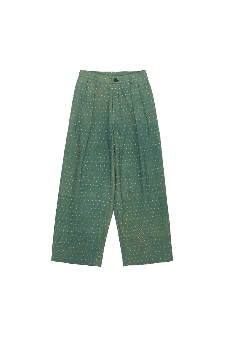 OLIVE GREEN ALL OVER BANDHANI COTTON PLEATED TROUSERS