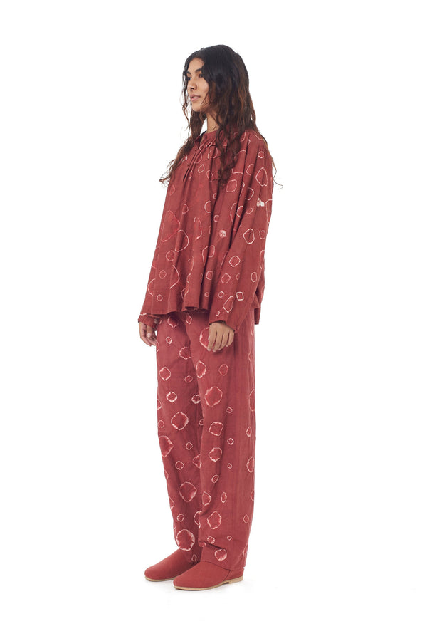CRIMSON PINK GATHERED SUMMER TOP CRAFTED WITH ALL OVER SHIBORI