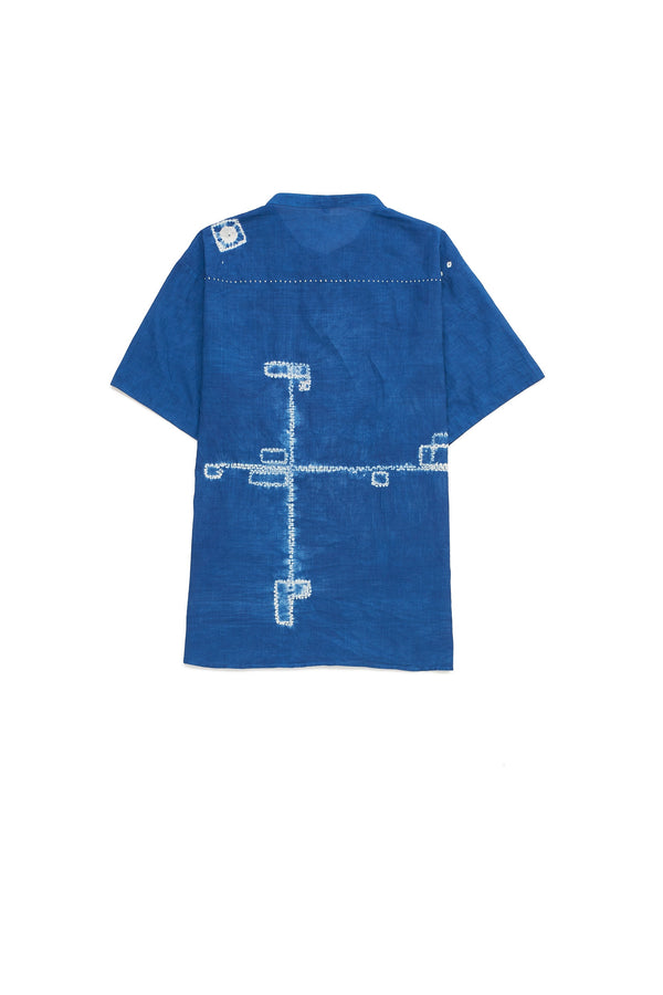 Indigo Half-Sleeved Summer Cotton Top Speckled With Shibori Motifs