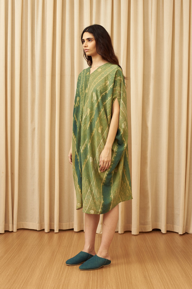 BOTTLE GREEN STATEMENT SHIBORI DRAPE DRESS
