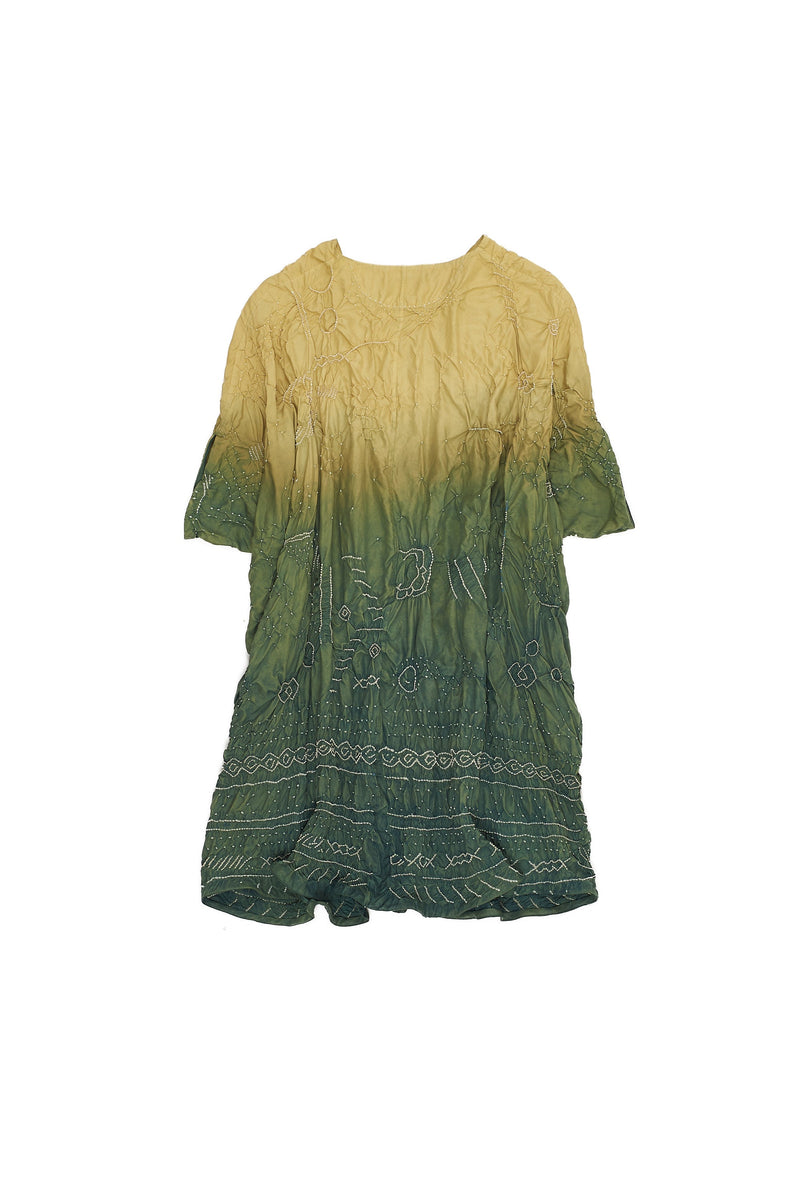 Green Dip Dyed Textured Bandhani Silk Drape Dress