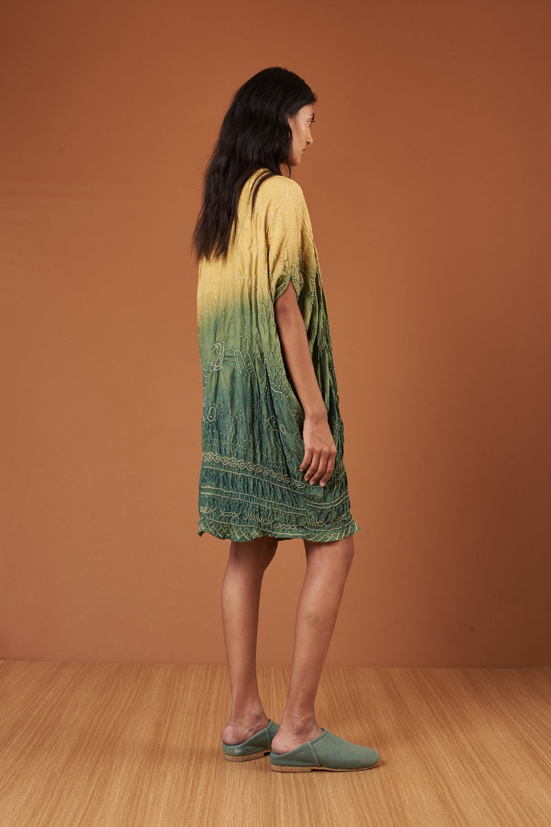 Green Dip Dyed Textured Bandhani Silk Drape Dress