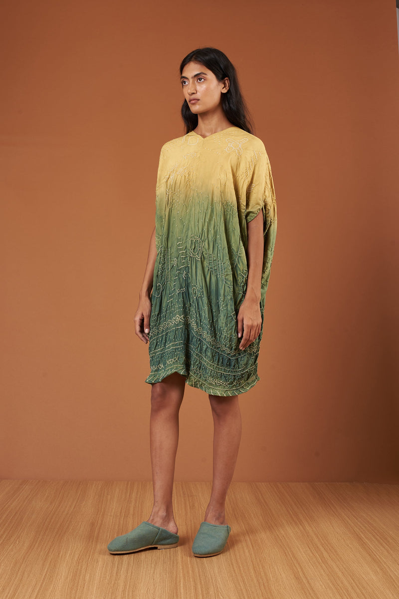 GREEN DIP DYED TEXTURED BANDHANI SILK DRAPE DRESS