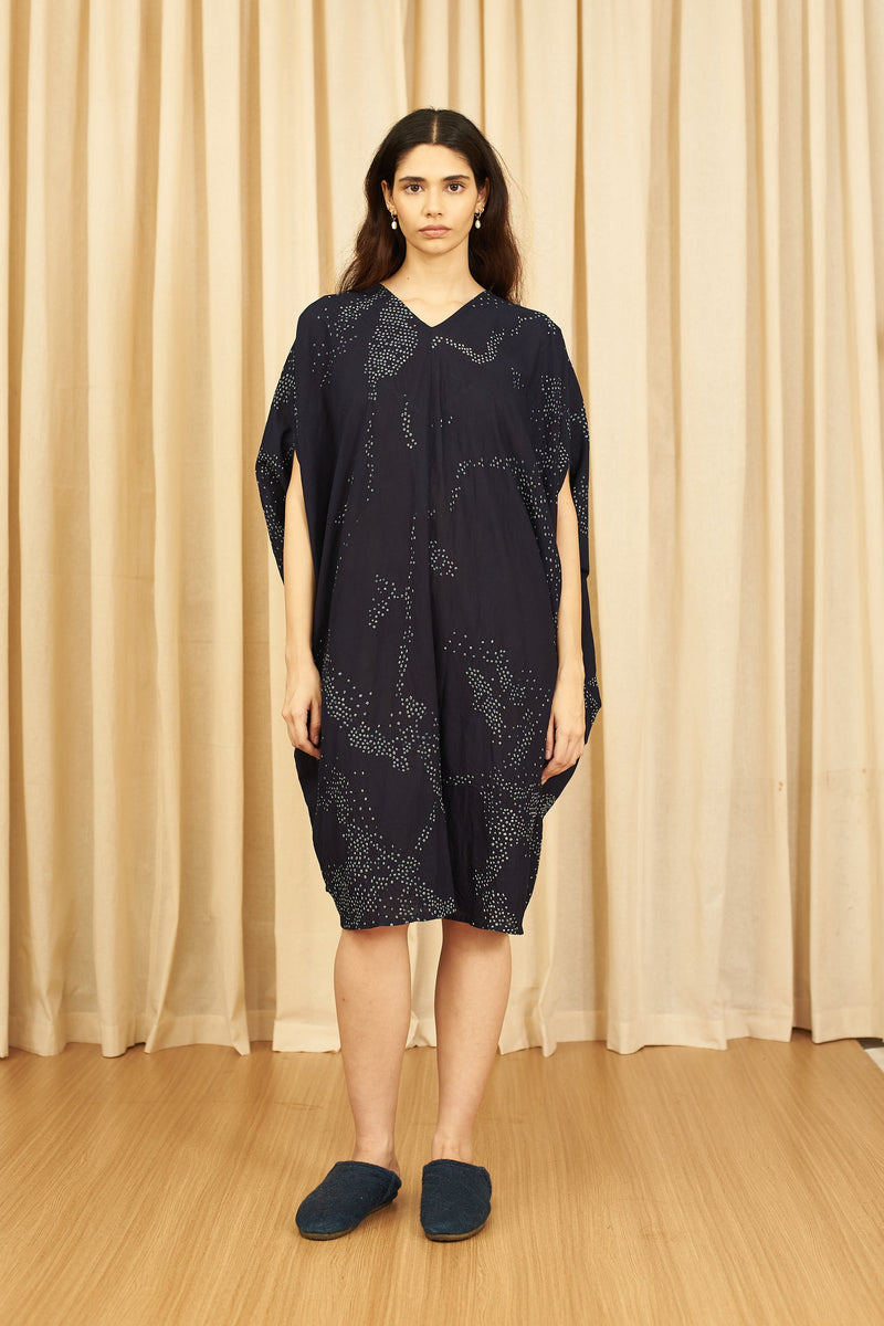 DEEP INDIGO ALL OVER BANDHANI COTTON DRAPE DRESS
