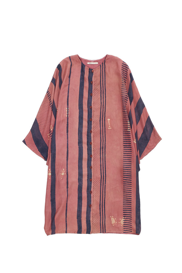 CHALK PINK BLOCK PRINT & SHIBORI RELAXED FIT SILK DRESS