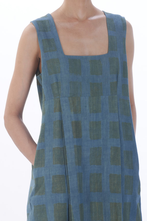 HANDPAINTED CHECK SLEEVELESS DRESS ORGANIC COTTON