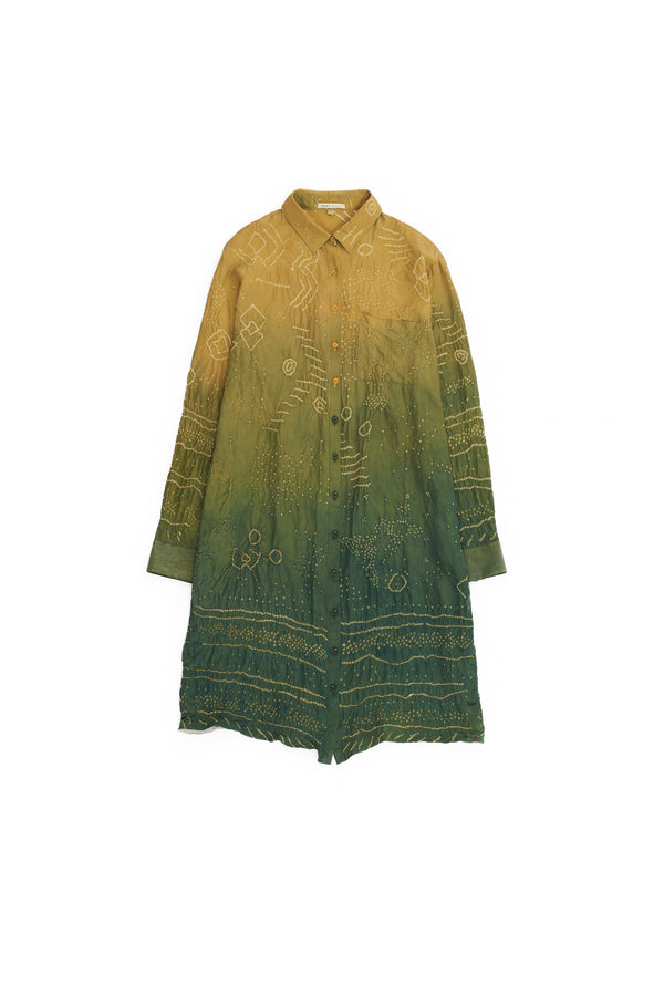 Gradiant Green Bandhani Button Down Silk Dress