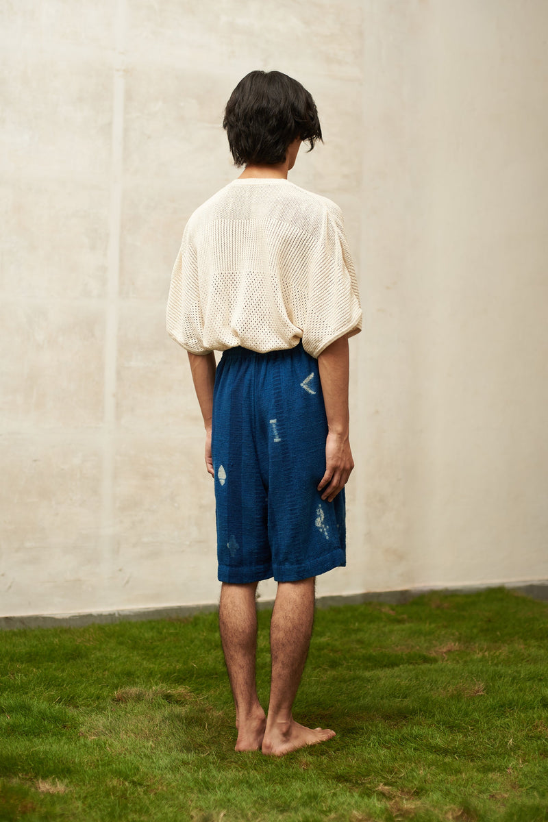 Indigo Block Printed With Shibori  Silk Shorts