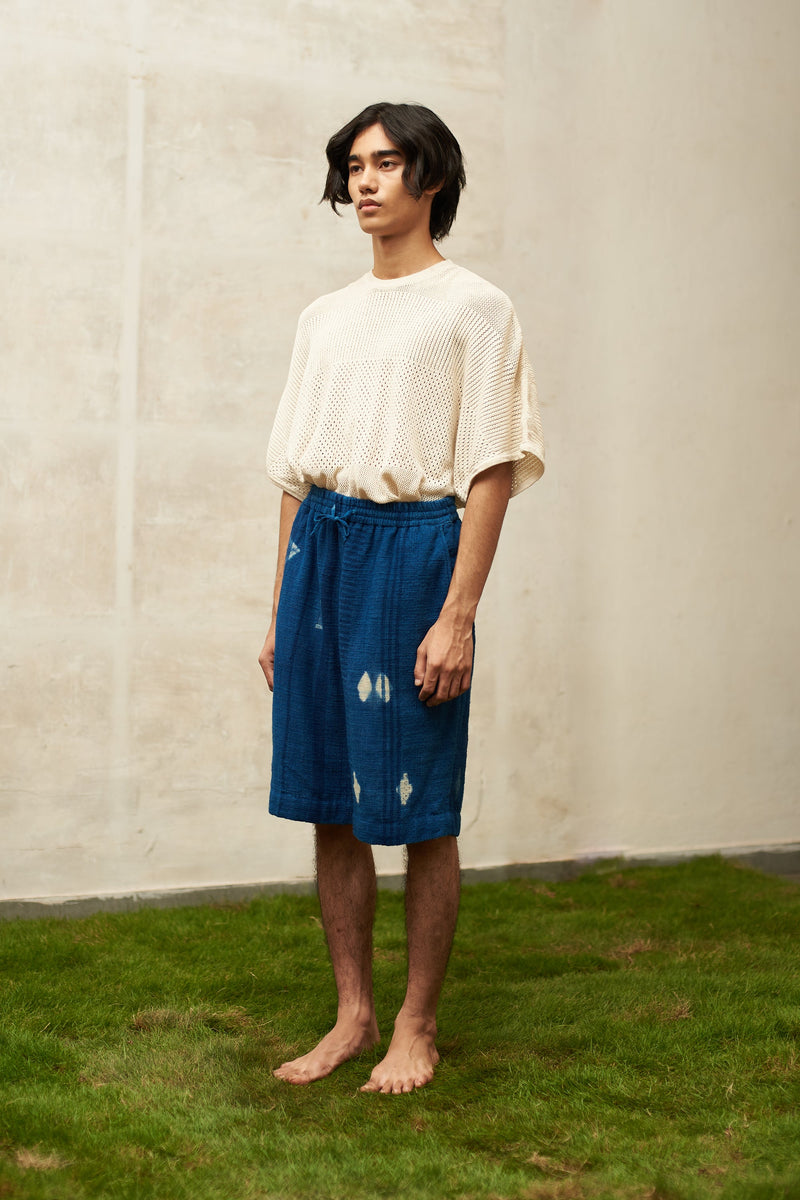 INDIGO BLOCK PRINTED WITH SHIBORI SILK SHORTS