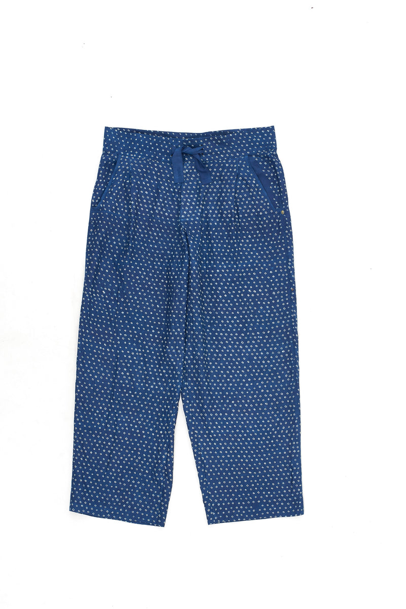 INDIGO COTTON SILK WIDE-LEG TROUSERS FEATURING ALL OVER MINATURE BANDHANI DOTS